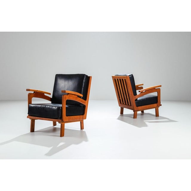 Belgian Lounge Chairs in Oak with Leather Cushions, 1960s, Set of 2 For Sale - Image 17 of 17