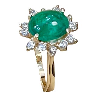 2 Carat Natural Cushion Cabochon Emerald & Diamond Ring 14 Karat Yellow Gold For Sale