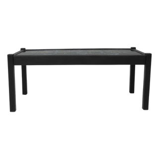 20th Century French Wood Black Patinated Coffee Table With Leaf Ceramic Top For Sale