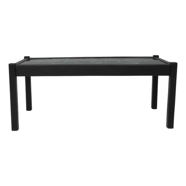 20th Century French Wood Black Patinated Coffee Table With Leaf Ceramic Top For Sale