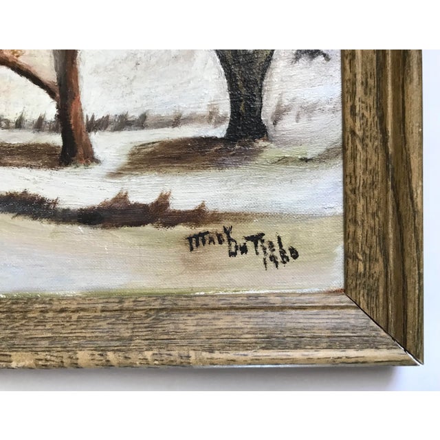 Shabby Chic 1980 Mary Dutiel Winter Scene Primitive Oil Painting on Canvas Board, Framed For Sale - Image 3 of 8