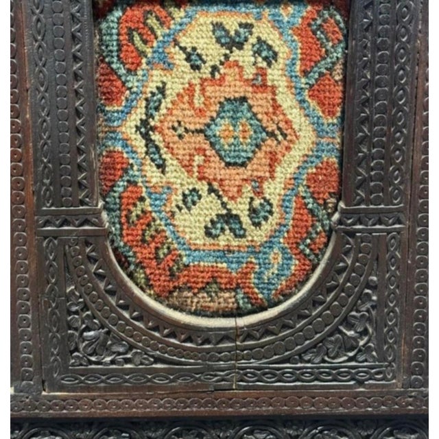 English Antique Moorish Carved Folding Throne Chair With Textile Panel | Anglo-Indian Ottoman Revival For Sale - Image 3 of 8
