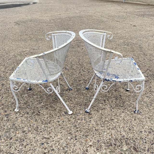 White Vintage Wrought Iron Woodard Salterini Style Mid Century Outdoor Patio Chairs - A Pair For Sale - Image 8 of 11