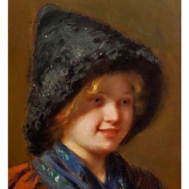 Emma Muller -19th C. Portrait of a Young Blonde W/A Furry Hat-Oil Painting For Sale - Image 4 of 9