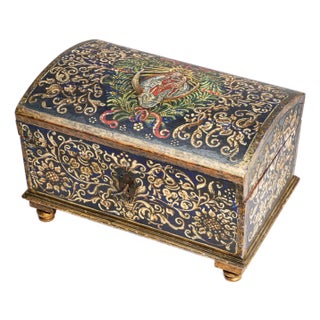 Striking Hand Painted Antique Domed Wood Casket Box With Key Madonna and Child Religious Scene For Sale