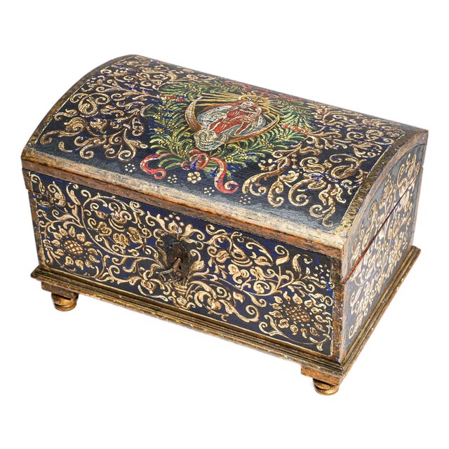 Striking Hand Painted Antique Domed Wood Casket Box With Key Madonna and Child Religious Scene For Sale