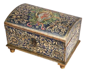 Striking Hand Painted Antique Domed Wood Casket Box With Key Madonna and Child Religious Scene