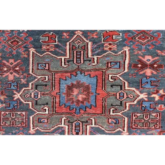 Red Antique Persian Karajeh Rug With Three Geometric Medallions in Red & Blue For Sale - Image 8 of 11