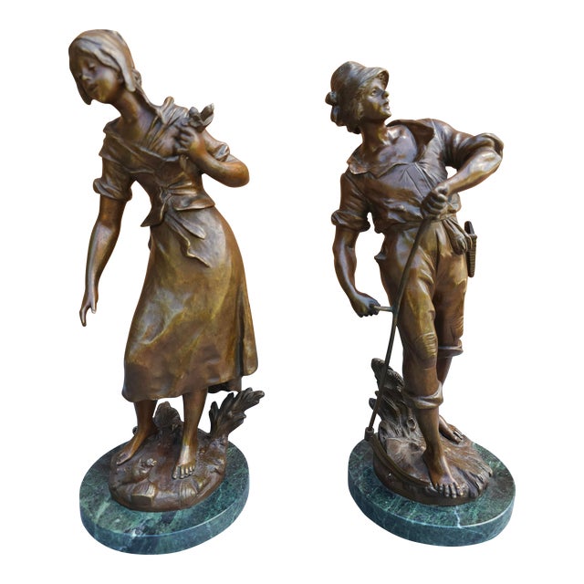 Auguste Moreau, Pair of Patinated Bronze Figures Peasants on Marble Plinths For Sale