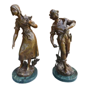 Auguste Moreau, Pair of Patinated Bronze Figures Peasants on Marble Plinths