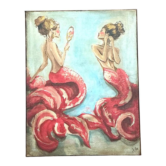 Contemporary Vintage Oil Painting of Mermaids With Hand Mirrors For Sale - Image 3 of 12