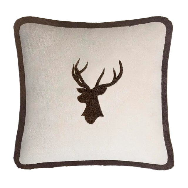 Christmas Happy Pillow with Elk in Beige and Brown from Lo Decor For Sale