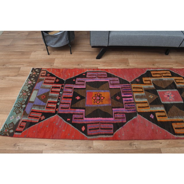 Red 1970s Vintage Handmade Wool Cotton Red Runner Rug For Sale - Image 8 of 11