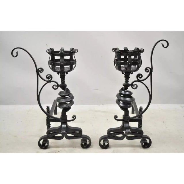 Gothic 19th Century Arts & Crafts Gothic Cast Iron Spiral Scrollwork Fireplace Andirons - A Pair For Sale - Image 3 of 12