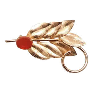 Vintage 1950s Signed Napier Goldtone Florentine Finish Leaves & Faux-Carnelian Brooch