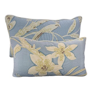 Pair of Soft Blue Aviary Lumbar Pillows For Sale