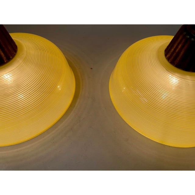Vintage Art Deco Brass and Striped Yellow Glass Pendant Lamps from Lyfa, 1940s, Set of 2 For Sale - Image 6 of 13
