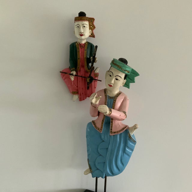 Blue Vintage Thai Carved Wooden Musician Sculptures With Jeweled Robes- Set of 2 For Sale - Image 8 of 13