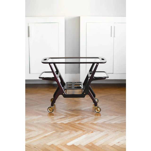 Cesare Lacca Mid-Century Wooden Structure Brass Service Bar Trolley with Three Removable Trays by Cesare Lacca, 1950s For Sale - Image 4 of 6