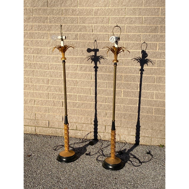 Pair of Vintage Mid-Century Hollywood Regency Brass Palm Floor Lamps in Gold and Black For Sale - Image 11 of 13