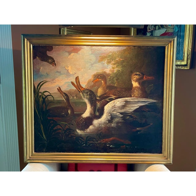 19th Century 19th Century Realist Landscape Oil Painting of Ducks with Hawk, Framed For Sale - Image 5 of 5