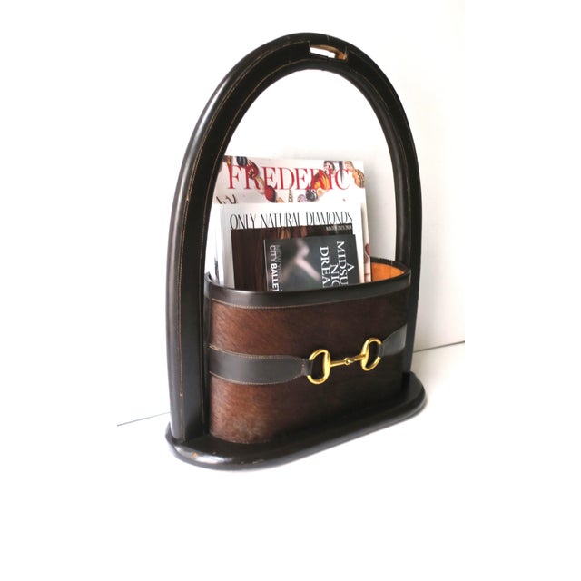 Late 20th Century Gucci Attrib. Italian Leather Brass Bit Magazine Mail Holder For Sale - Image 5 of 12