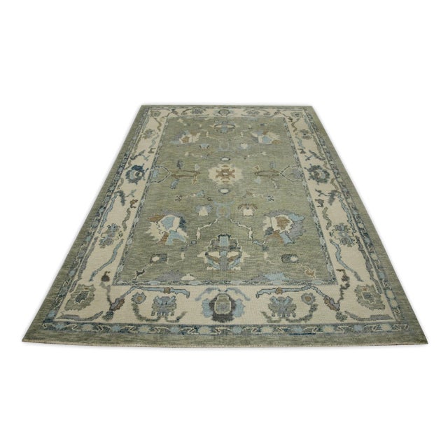 Early 21st Century Green Floral Design Handwoven Wool Turkish Oushak Rug 6'3" X 8'11" For Sale In Houston - Image 6 of 8