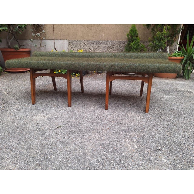 Bench in Light Wood with Green Fabric, 1960s , in Very Good conditions. Designed 1960 to 1969
