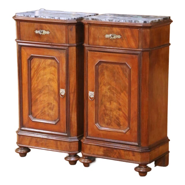 Pair of 19th Century French Louis Philippe Mahogany Marble-Top Nightstands For Sale
