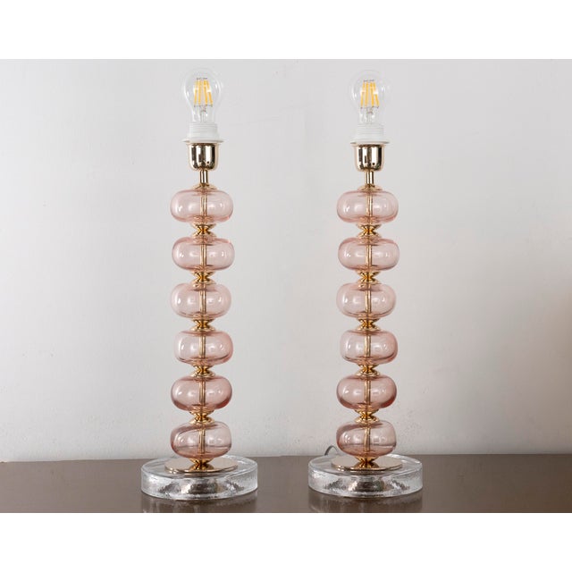 Set of 2 murano glass table lamp, pink color sphere with pure clear glass base, height 45 cm handmade made in italy...