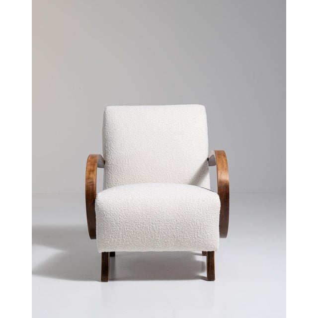Mid 20th Century 20th Century Czech Republic Warm Ivory Boucle Bentwood-Arm Lounge Chair For Sale - Image 5 of 11