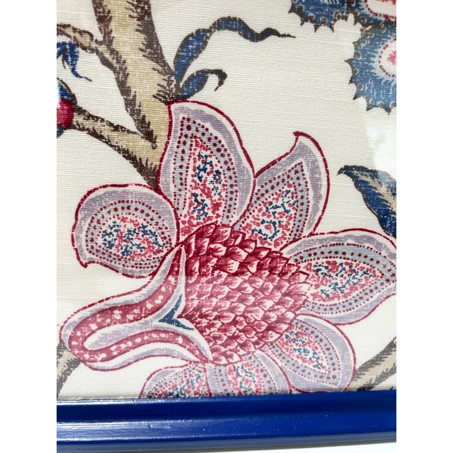 Modern Vintage Blue Lacquer Serving Tray With Brass Handles & Laura Ashley Floral Fabric Liner For Sale - Image 3 of 12