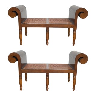 Empire Style Scrolled Arm Bench With Caned Seat-A Pair For Sale