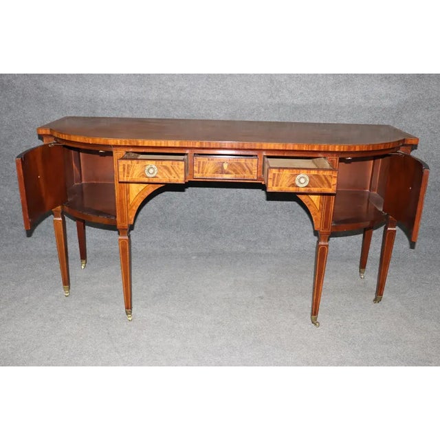 Baker Furniture Company 1990s Baker Furniture Mahogany Inlaid Sideboard – Neoclassical Demi-Lune Server With Leather Top & Brass Accents For Sale - Image 4 of 10