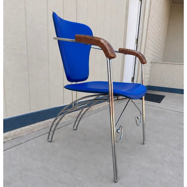 Mid-Century Modern Set of 4 Vintage Arrben Italian Blue Leather Chrome Armchairs For Sale - Image 3 of 6
