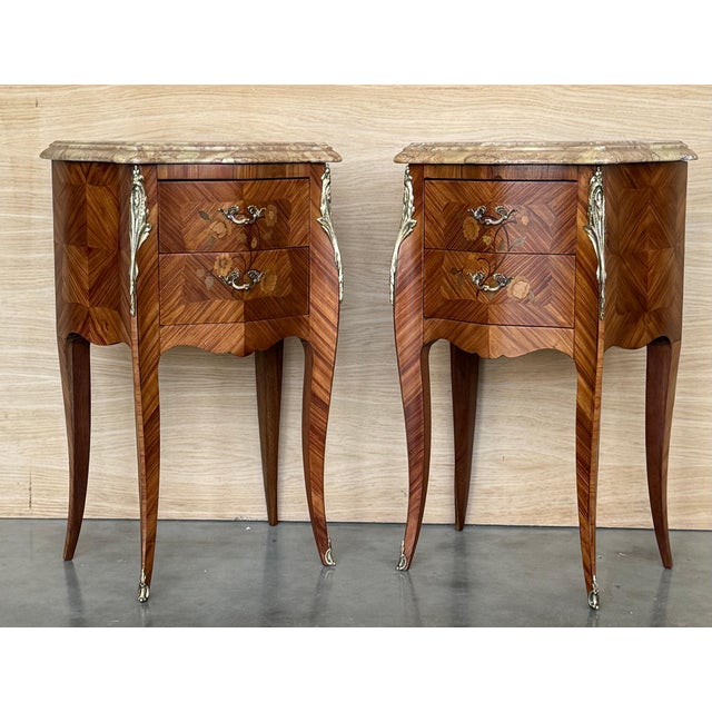Pair Antique French Louis XV Marquetry Marble Top Nightstands with Two Drawers For Sale In Miami - Image 6 of 18