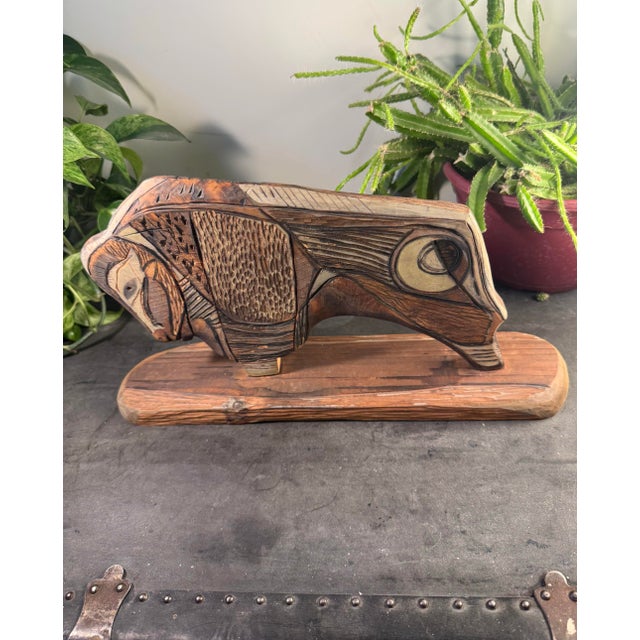 Vintage 1970s MCM Signed Wood Bison Sculpture by Herbert H. Sandmann (UWSP) An incredible, one-of-a-kind (OOAK) mid-...