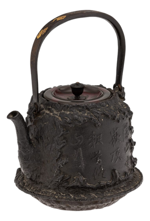 Antique Japanese Cast Iron Seiryudoa Carved Tetsubin Kettle, 1890s