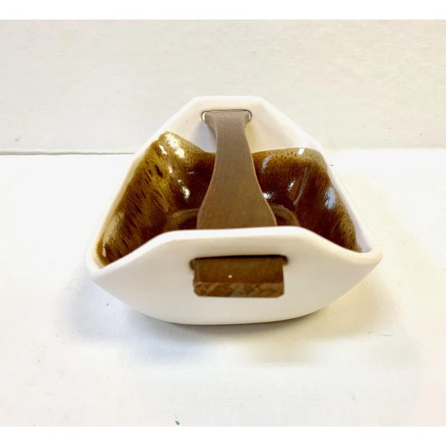 1950s 1950s Scandinavian Handmade Ceramic Dish With Wooden Handle For Sale - Image 5 of 9