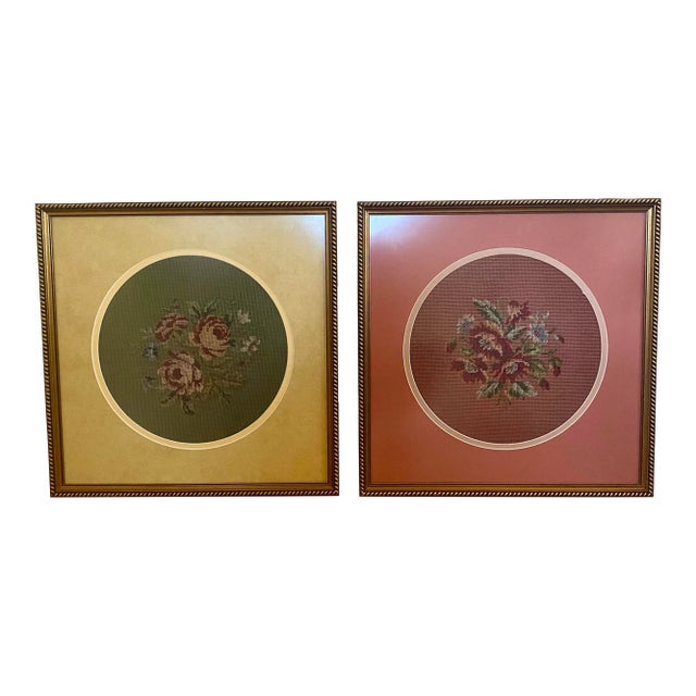 Vintage Framed Roses Needlepoint Floral Art, a Pair For Sale