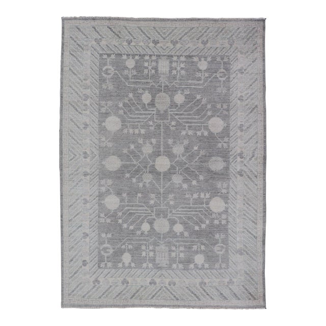 Modern Khotan Rug With Subtle Gray Tones and Ivory Botanical Patterns 5'9 X 8'7 For Sale