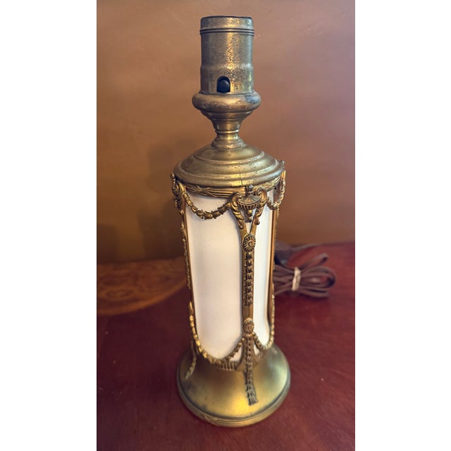 Pair of Vintage French Empire Brass & Milk Glass Table Lamps 12" X 4.5" Ca. 1950 For Sale - Image 16 of 18