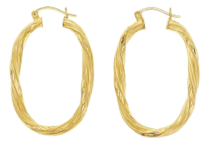 Oval Twisted Diamond Cut Gold Hoops 14k Yellow Gold, 2 Pieces