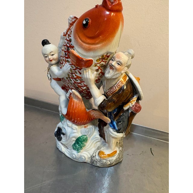 1920s Chinese Porcelain Koi Fish / Boy / Man Sculpture For Sale - Image 5 of 7
