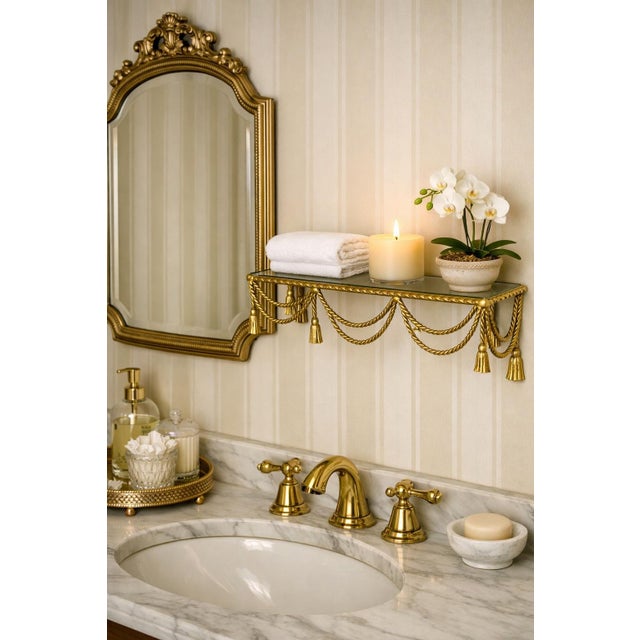 F.B. Rogers Silver Co. Vintage Solid Brass Tassel Wall Shelf With Glass Top For Sale - Image 4 of 9