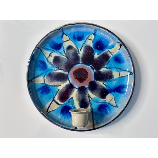 Ceramic Wall Plate Candleholder with Abstract Floral Decoration and Crackle Glaze by Jette Hellerøe, Denmark, 1970s For Sale - Image 15 of 15