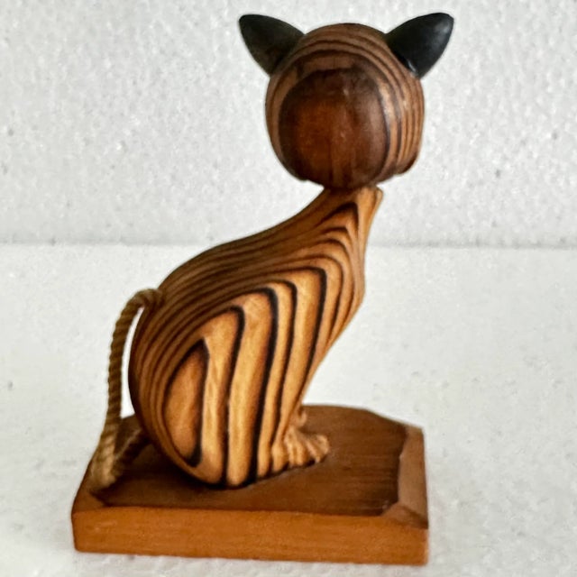 Vintage Mid-Century Carved Wood Springy/Bobble Head Cat Figurine For Sale - Image 4 of 8