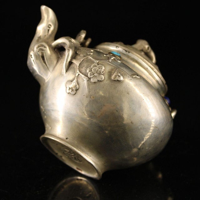 Silver Silvered Bronze Overhead-Handle Teapot — Plum Blossom Branch Relief With Inlaid Stones, Bird-Head Spout For Sale - Image 8 of 9