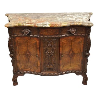 Antique French Louis XV Baroque Burl Walnut Marble Top Commode 5 Drawer Dresser For Sale