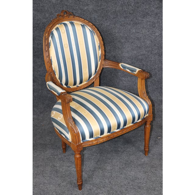 Wood Pair 1920's French Louis XVI Carved Armchairs With Silk Upholstery For Sale - Image 7 of 15